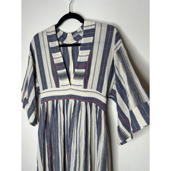 Three Graces London Ferrer Tan Blue Red Stripe Short Cuff Sleeve V-Neck Dress 10 - Picture 6 of 16
